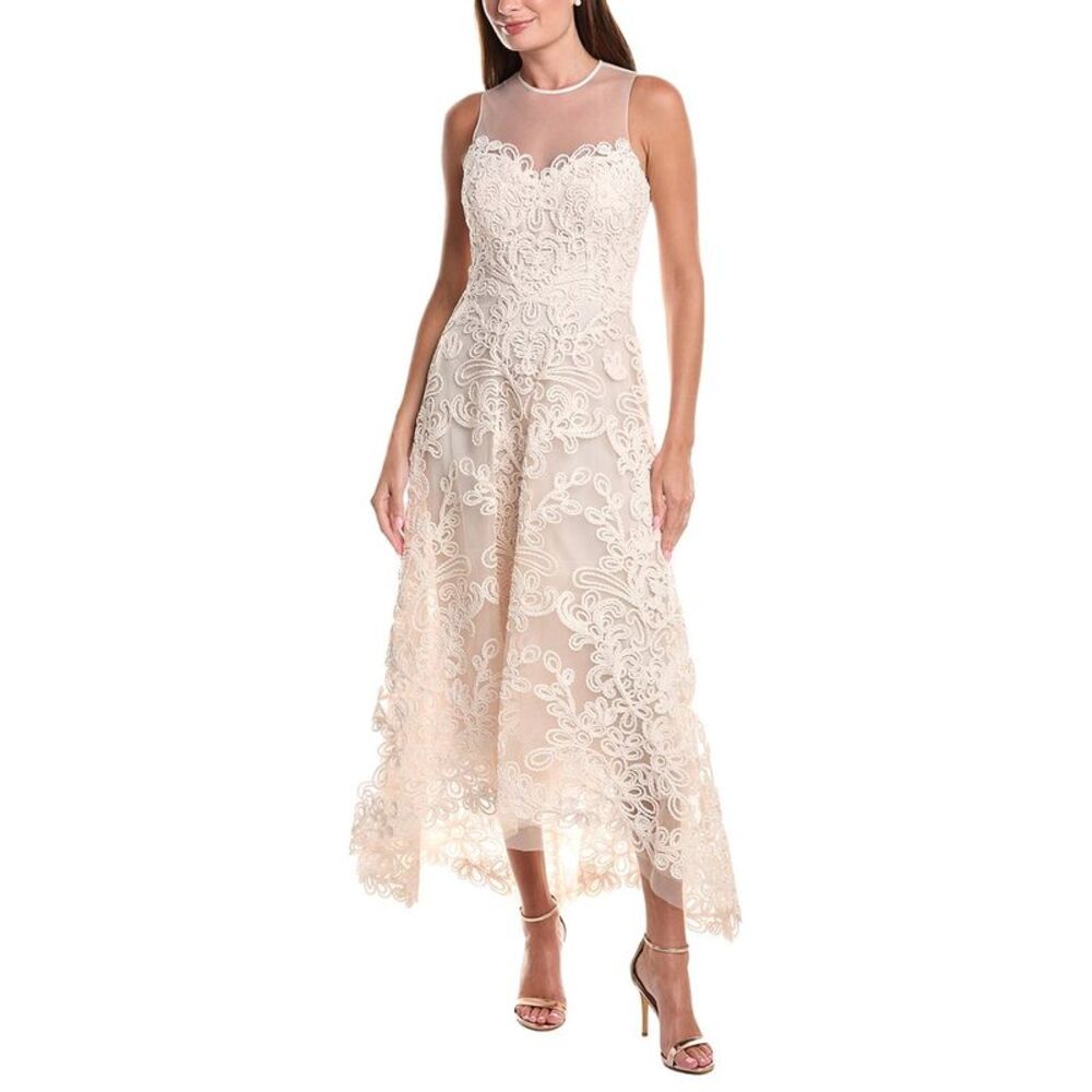 Teri Jon By Rickie Freeman Womens Macrame Tulle High-Low Dress, White